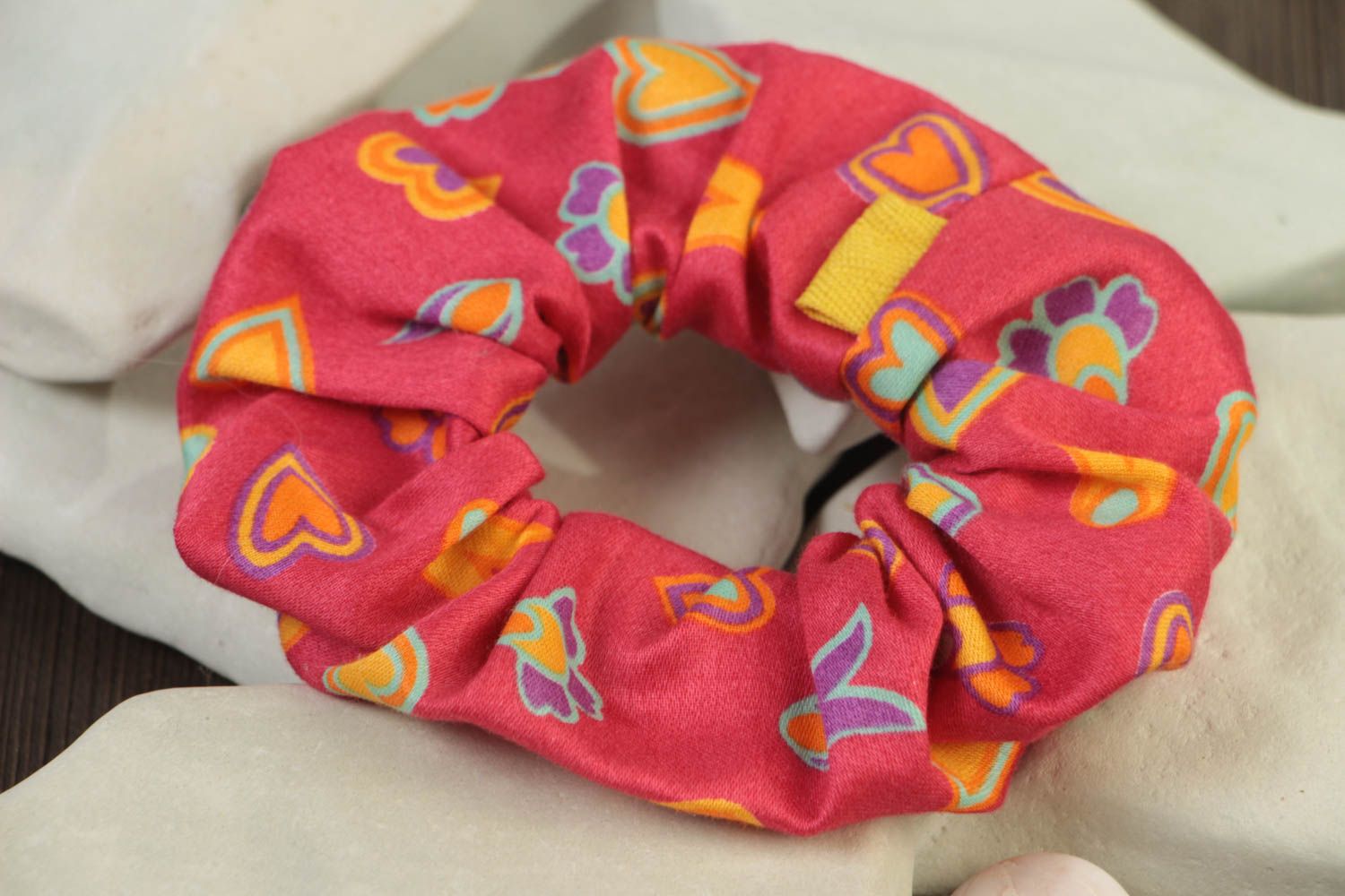 Handmade decorative bright colorful fabric hair tie with hearts pattern photo 1