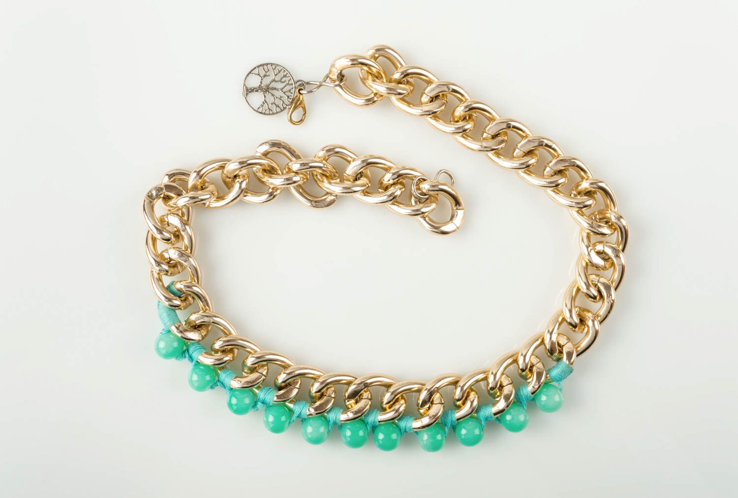 Handmade green necklace on chain stylish gold accessories beautiful jewelry photo 2