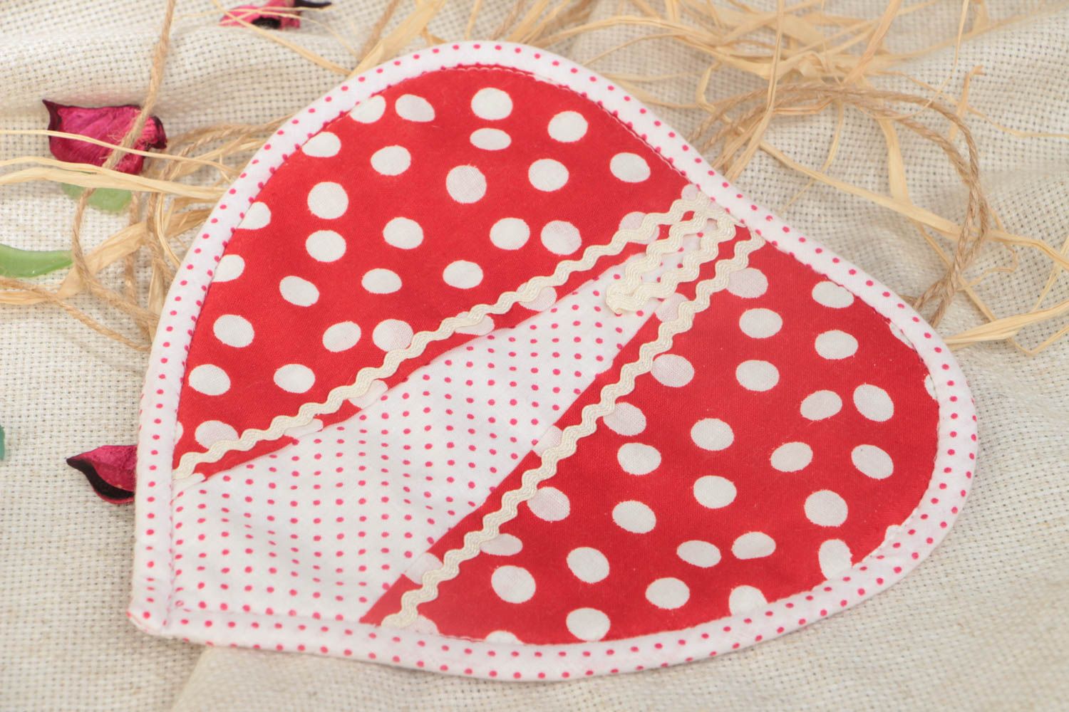 Bright handmade dotted cotton fabric pot holder in the shape of heart photo 1