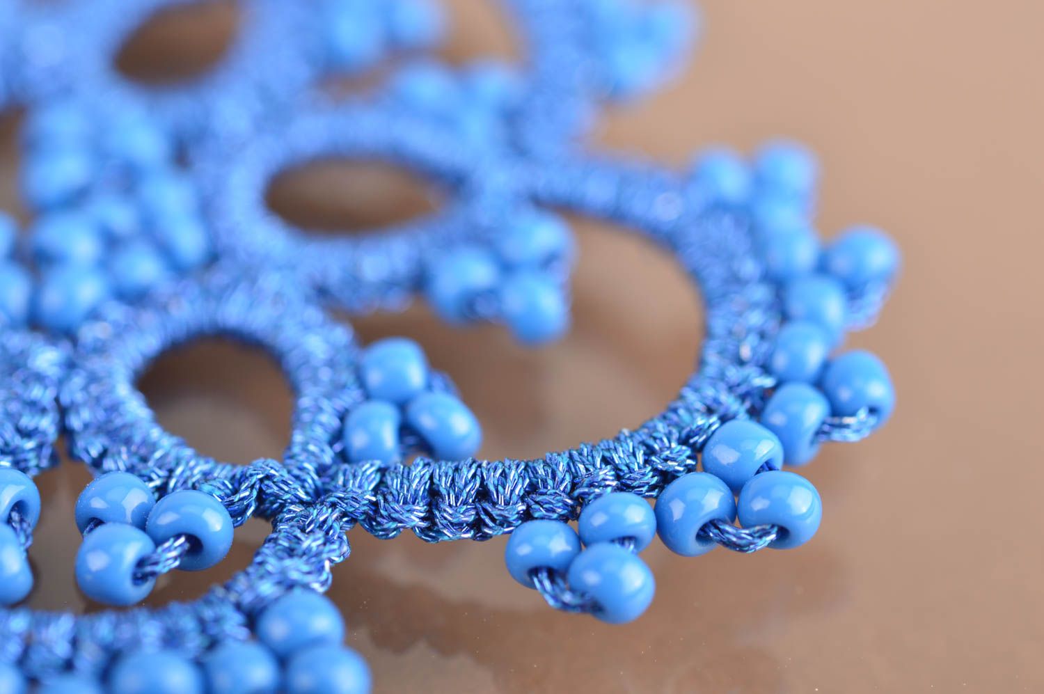 Large beautiful blue handmade tatting lace earrings with beads designer jewelry photo 4