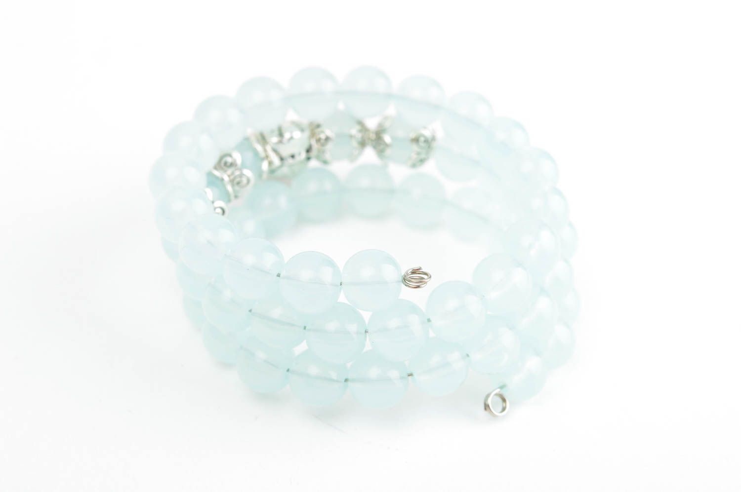Three-layer beaded blue transparent bracelet for a girl photo 4