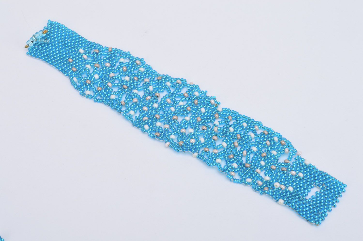 Handmade designer wide lace wrist bracelet woven of blue beads Cornflowers photo 2
