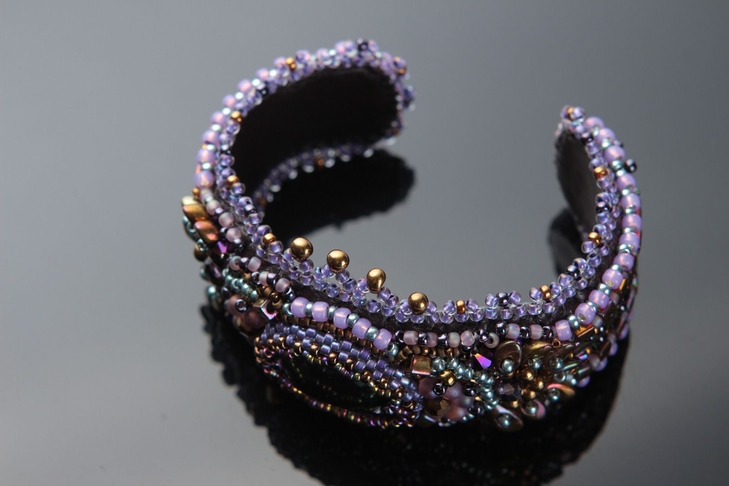 Handmade massive violet wrist bracelet embroidered with sparkling beads photo 1