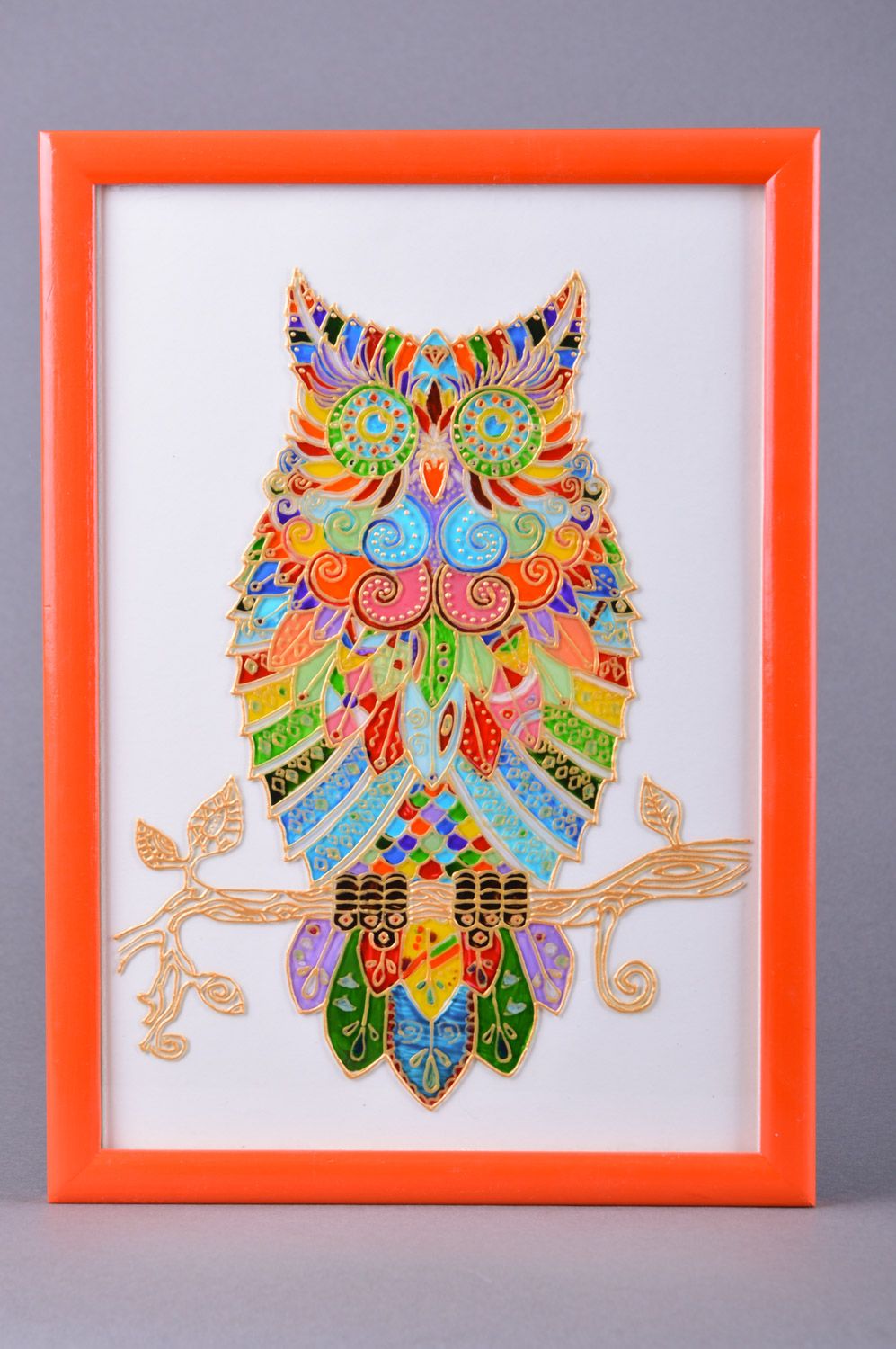 Стеклянная картина с витражной росписью в раме ручная работа Разноцветная сова фото 2
