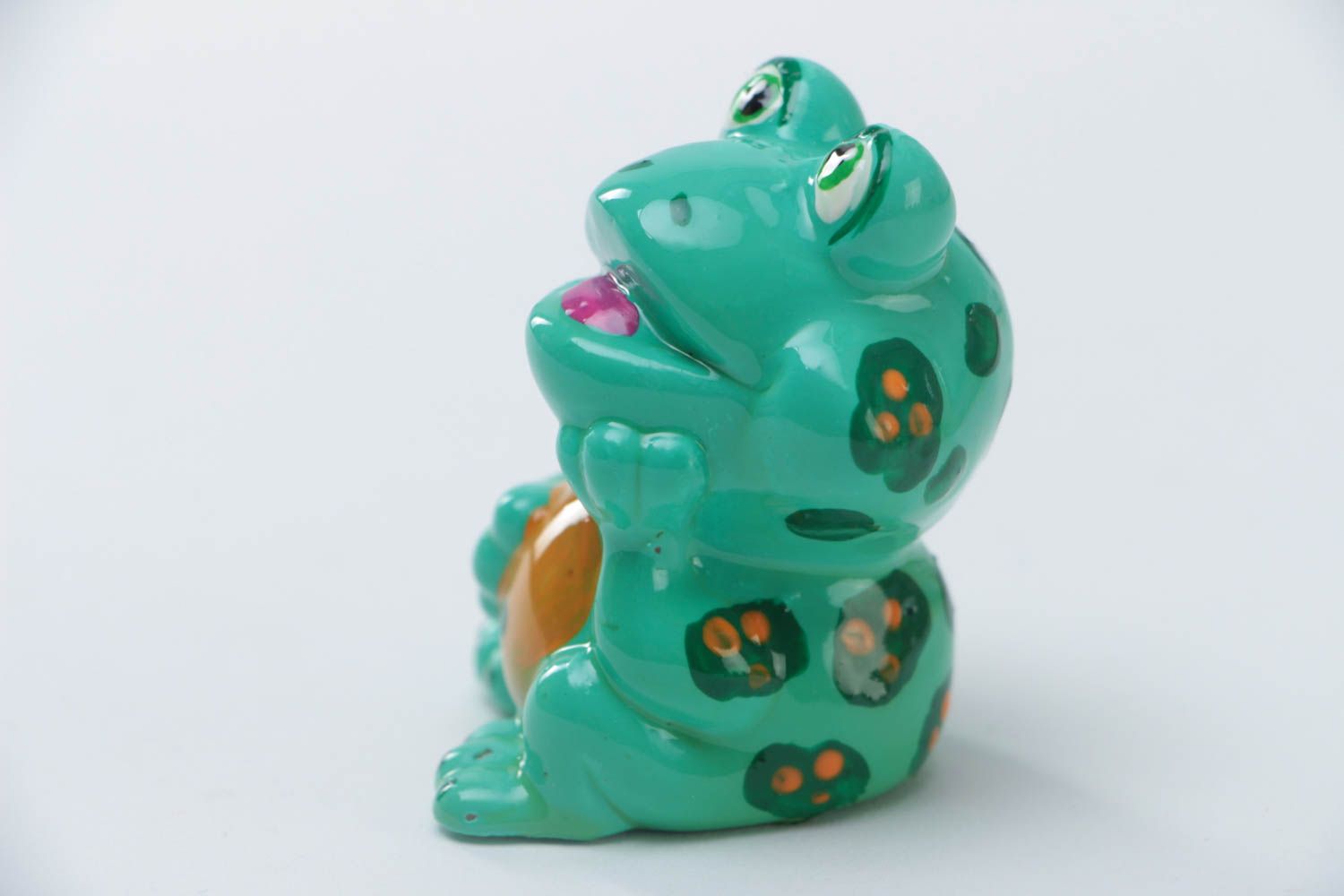 Beautiful handmade designer plaster statuette painted with acrylics green frog photo 2