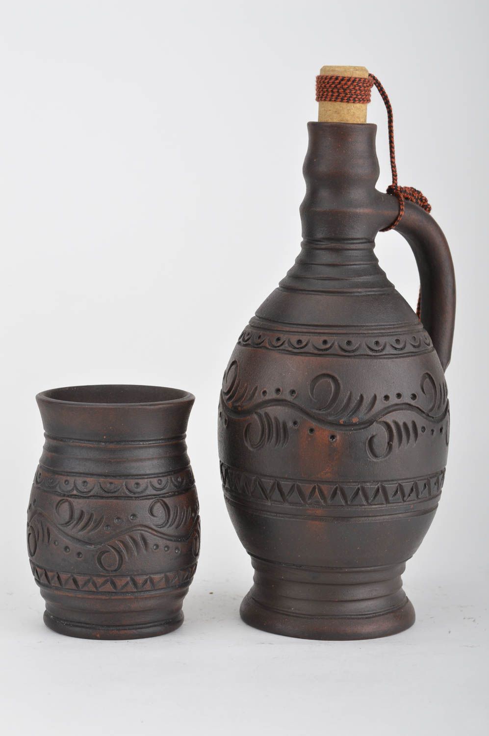 Clay drinkware set 2 pieces handmade designer ceramic bottle 950 ml and glass photo 2