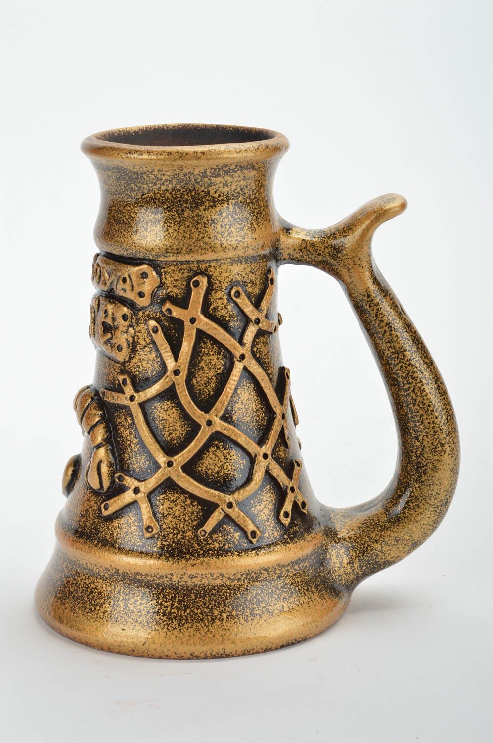 Beautiful unusual handmade designer ceramic beer mug of gold color 300 ml  photo 5