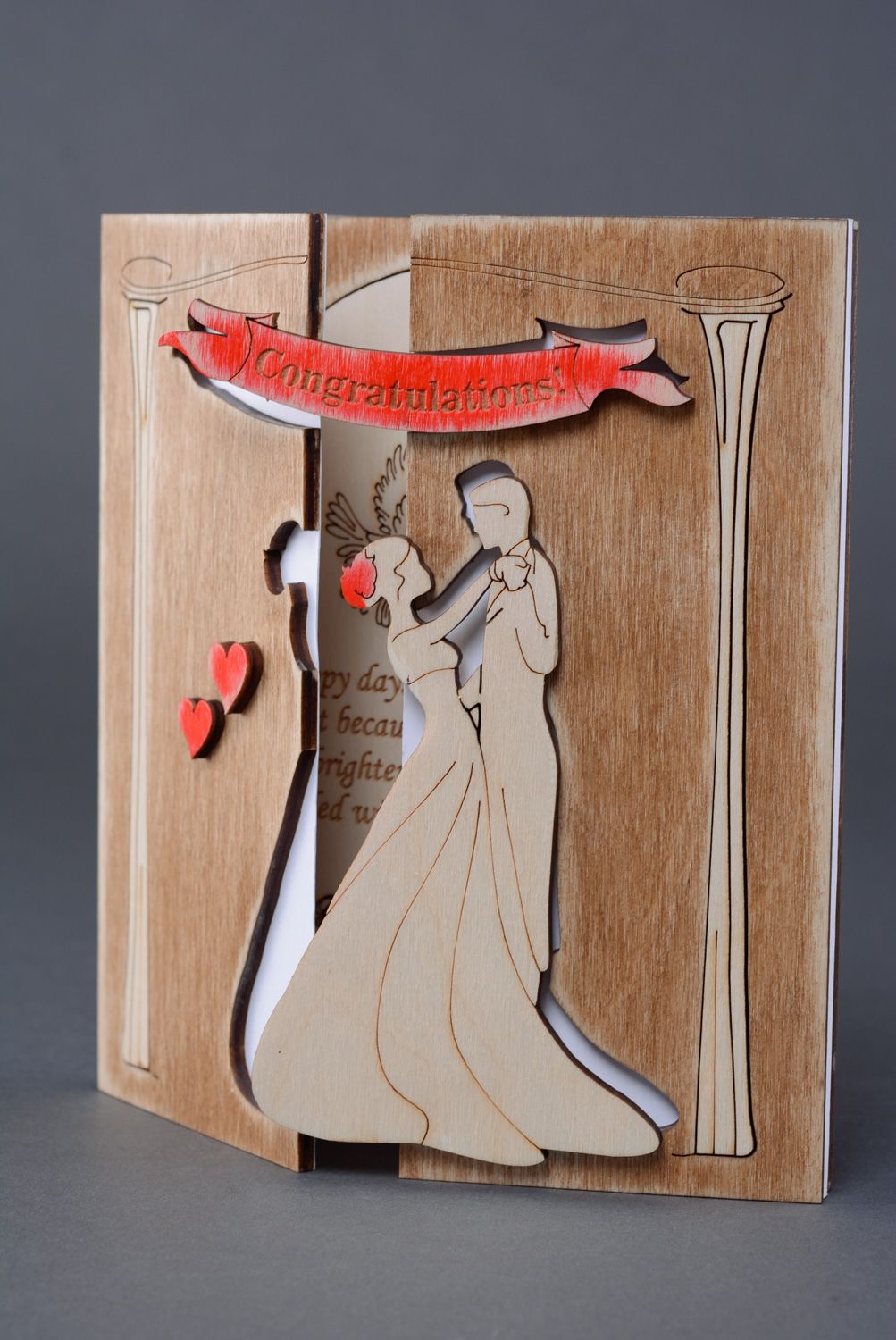Carte de félicitations de mariage en bois peint faite main originale design photo 1