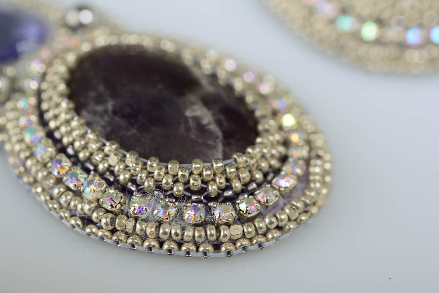 Beaded long earrings with natural stones oval dark elegant handmade jewelry photo 5