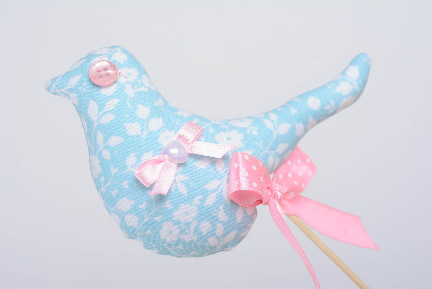 Toy on stick for flower pots decoration blue bird with a pink bow hand made photo 2
