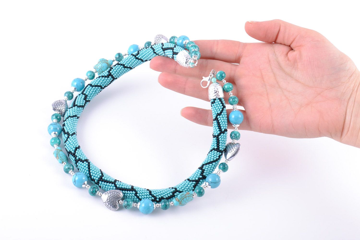 Beautiful handmade women's woven beaded cord necklace with turquoise stone photo 2