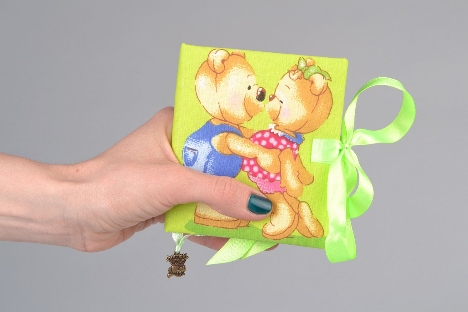 Handmade small square notebook with soft green cover with bears and ribbons photo 2