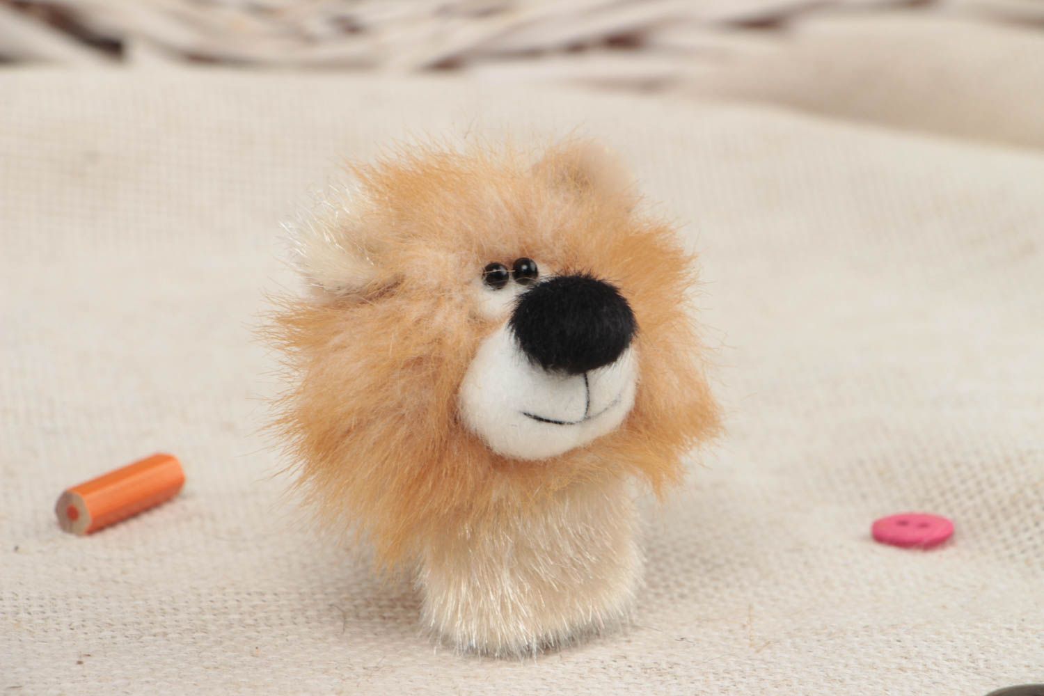 Handmade designer small faux fur soft toy animal finger puppet cute lion photo 1