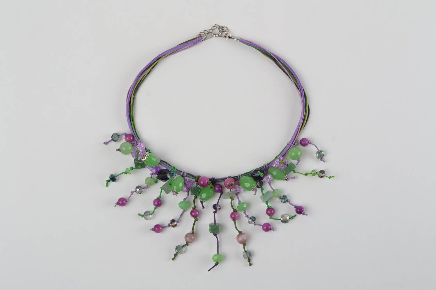 Beautiful handmade leather-based lilac necklace made of natural stones photo 3