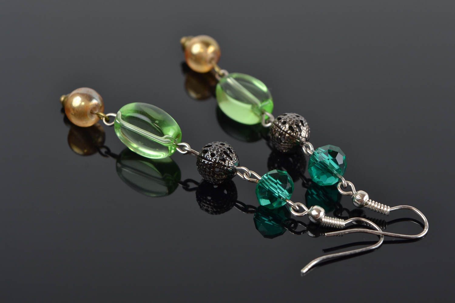 Unusual beautiful handmade designer long glass bead earrings photo 1