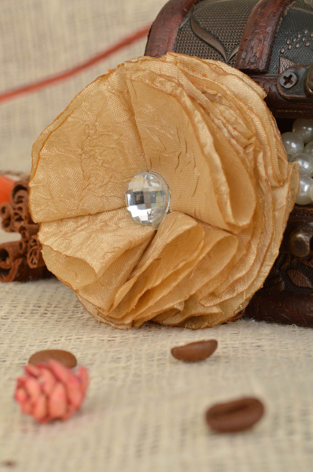 Handmade designer volume beige fabric small flower brooch with rhinestone photo 1
