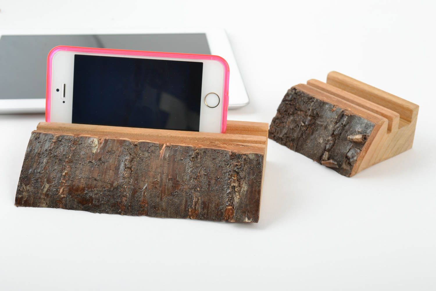 Set of handmade stands for tablet and cell phone made of wood present 2 pieces photo 1