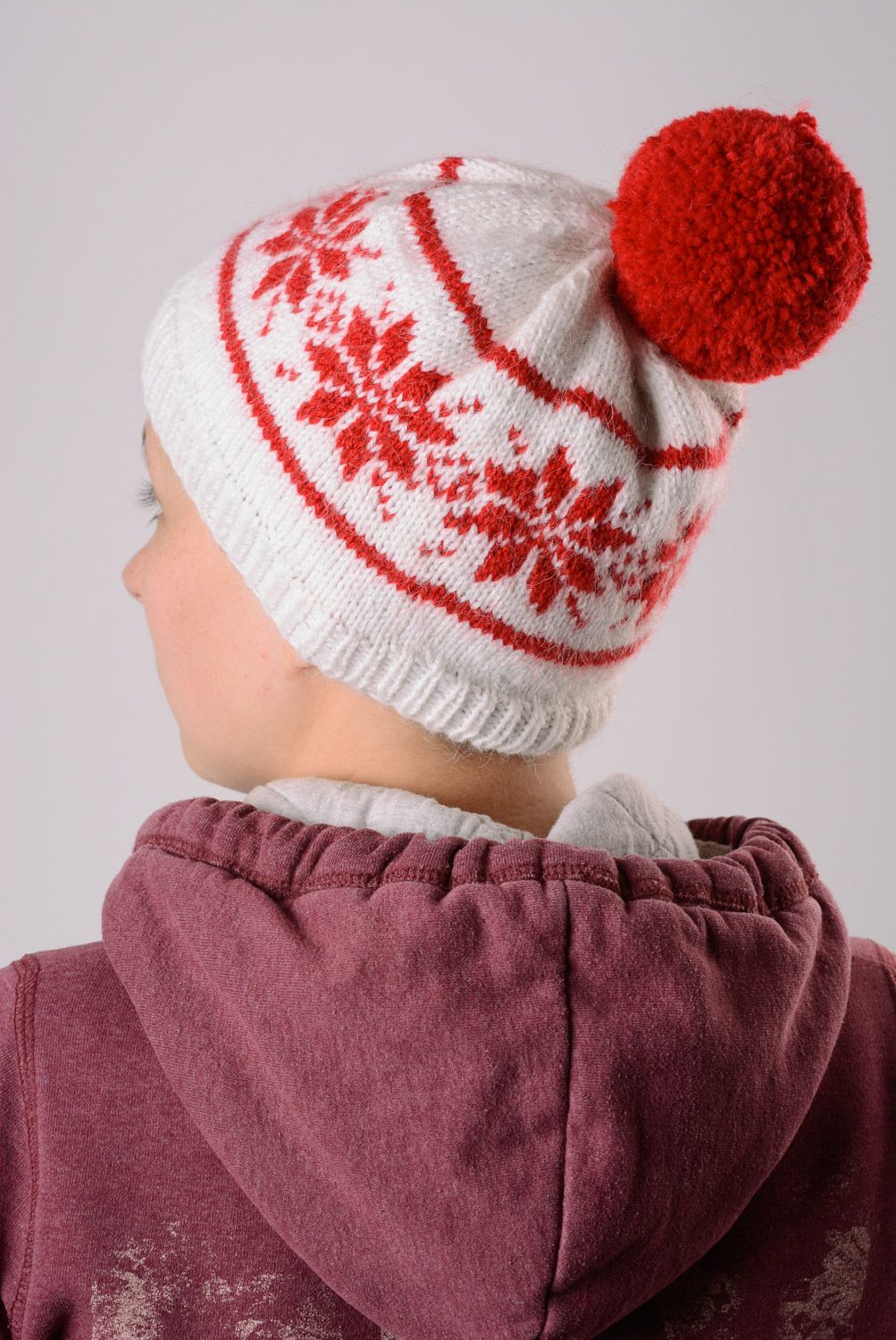 Beautiful red and white handmade warm knitted hat with pom pom photo 2