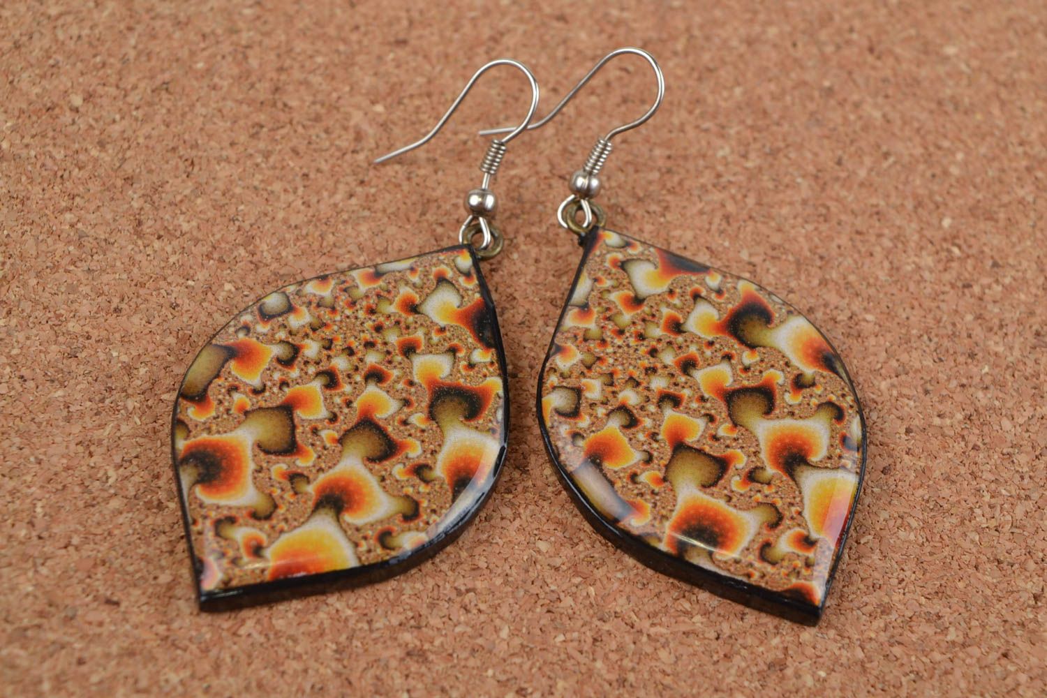 Beautiful handmade designer polymer clay earrings with decoupage Brown Leaves photo 1