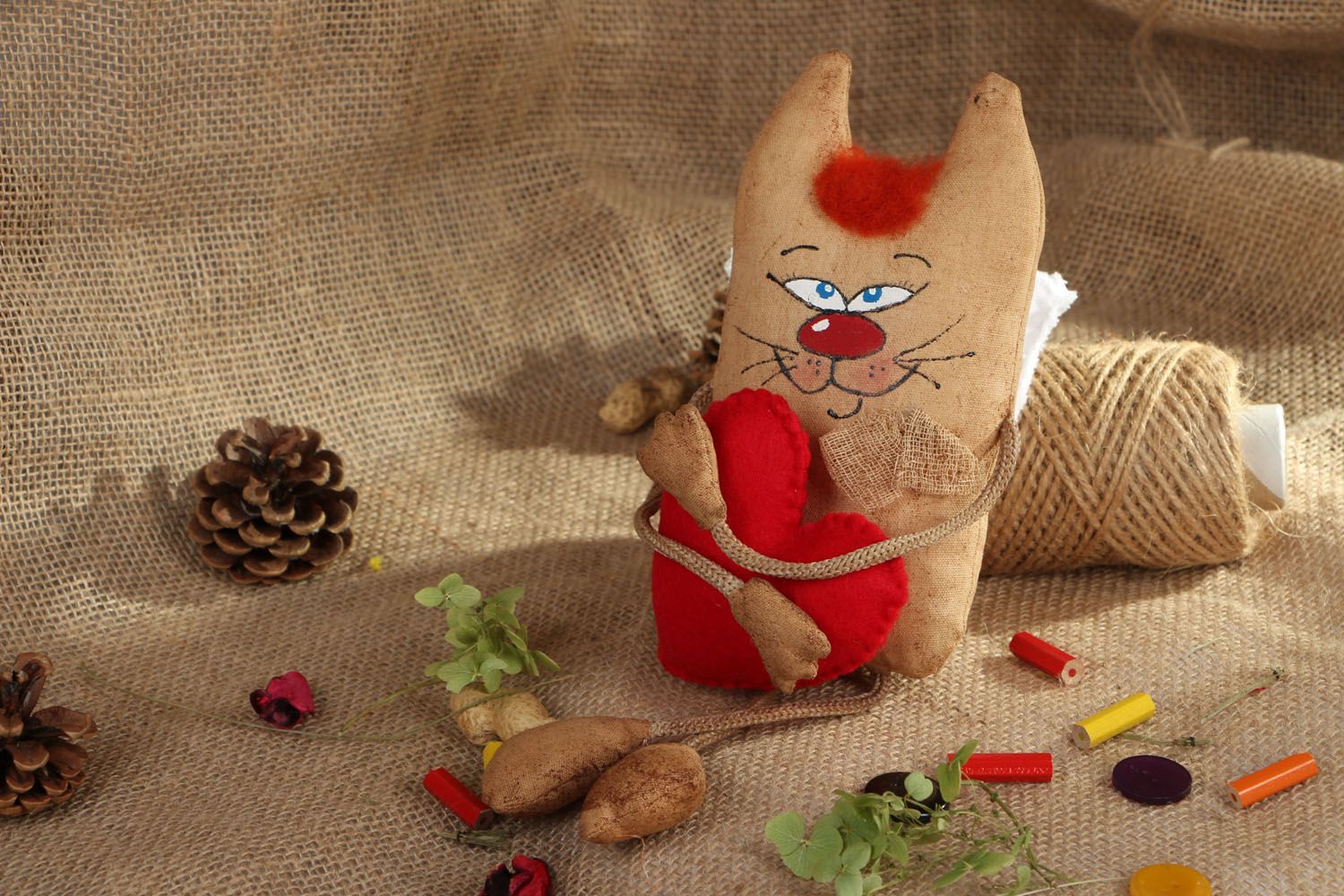 Natural fabric toy Cat with Heart photo 5