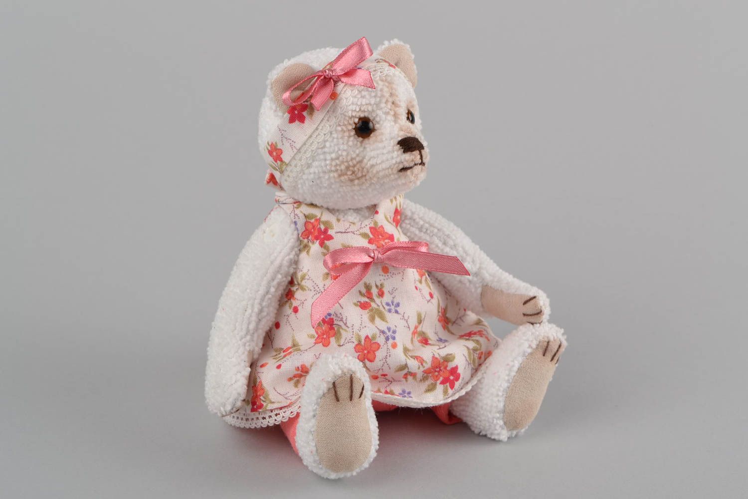 Handmade designer small fabric soft toy white bear in floral dress with headband photo 1