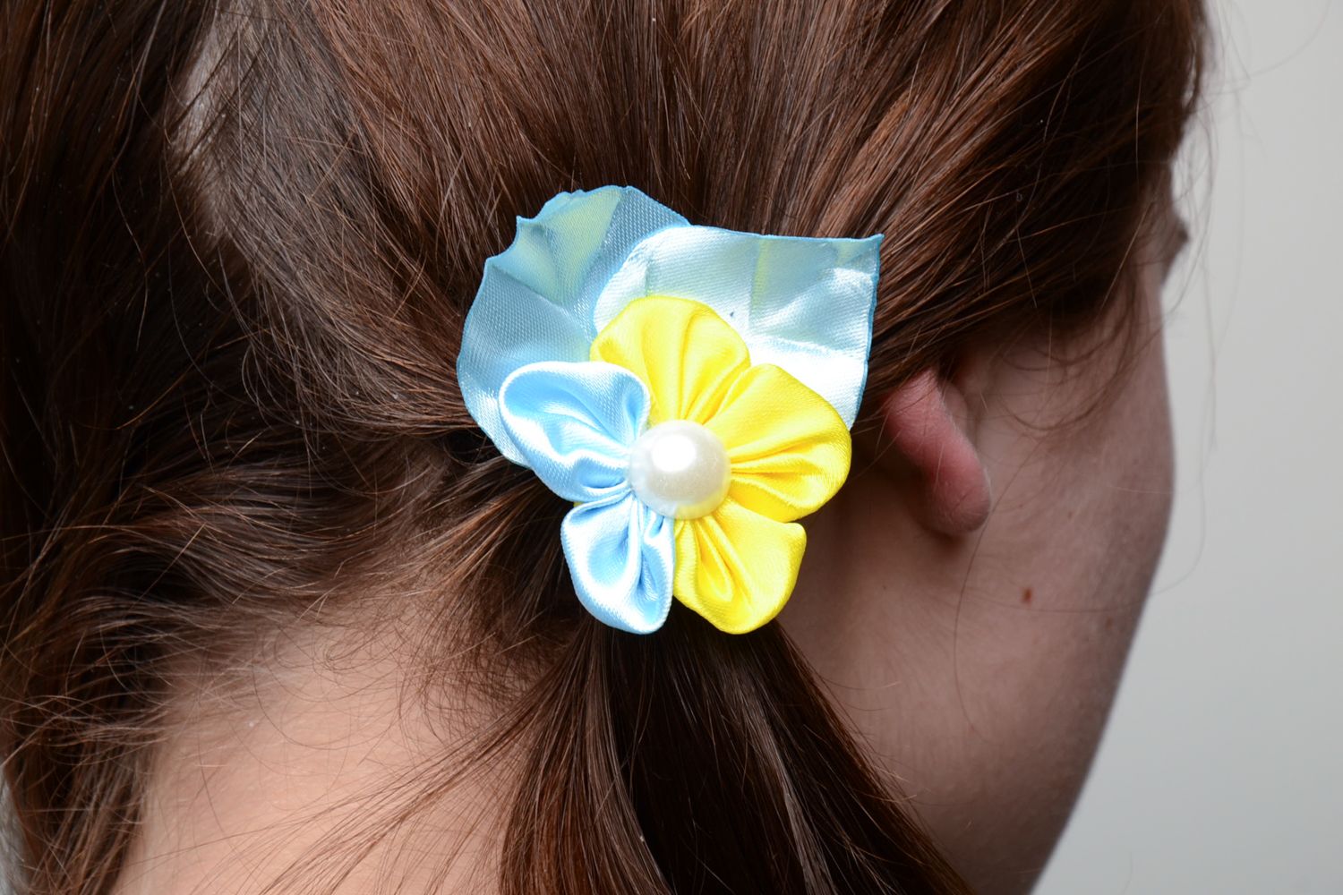 Élastique à cheveux fleur bicolore en satin fait main kanzashi pour fille photo 5