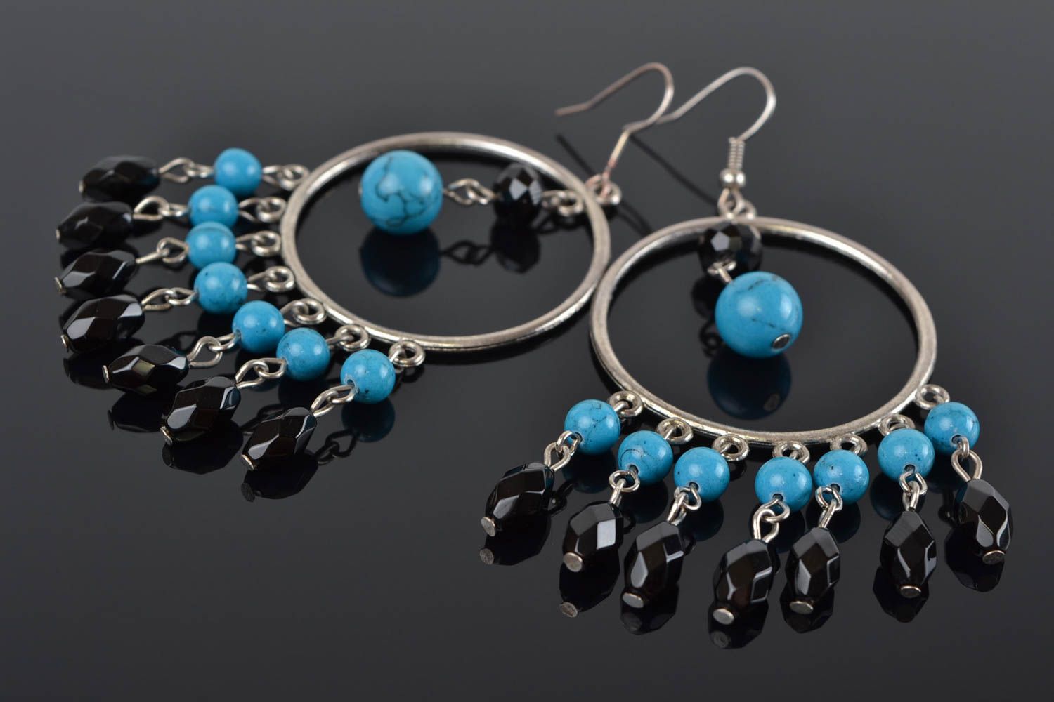 Beautiful handmade massive long hoop earrings woven of Czech glass beads photo 1