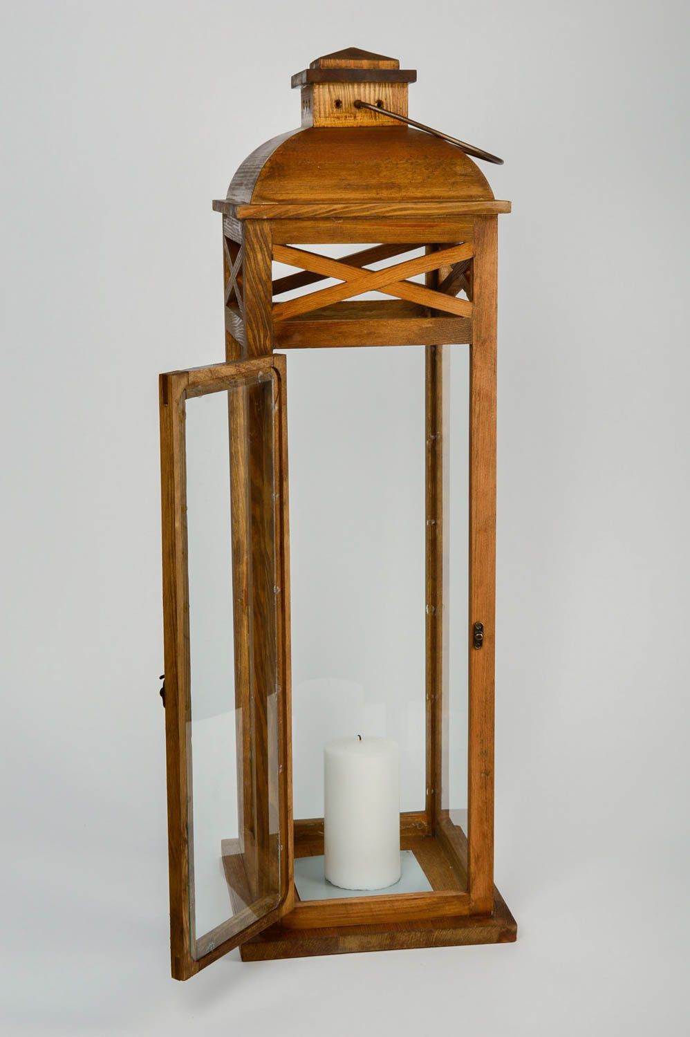 Grande lanterne décorative en bois de pin et verre faite main pour intérieur photo 4