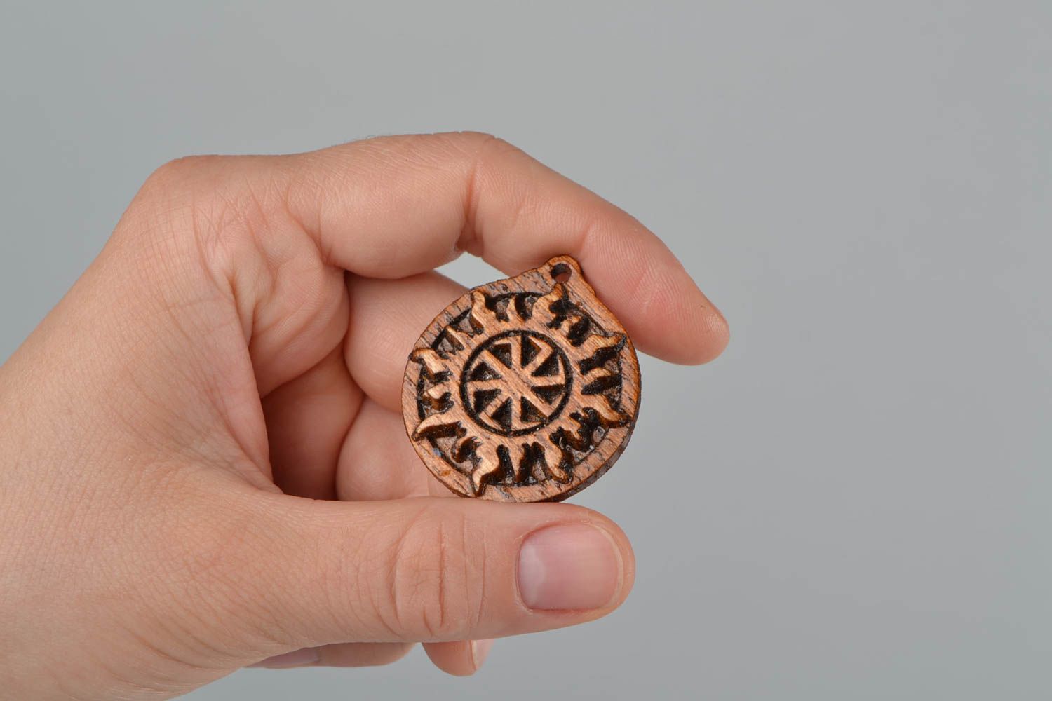 Small handmade next to skin painted ash wood Slavic amulet pendant Kolovrat photo 2