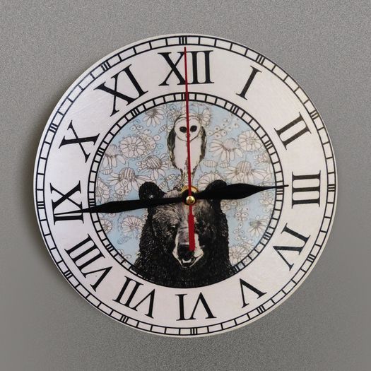 Handmade decoupage wall clock of round shape with Roman numbers Bear and Owl photo 1
