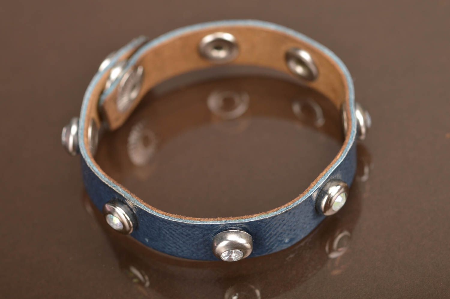 Exclusive handmade delicate leather bracelet with rivets in blue color photo 5