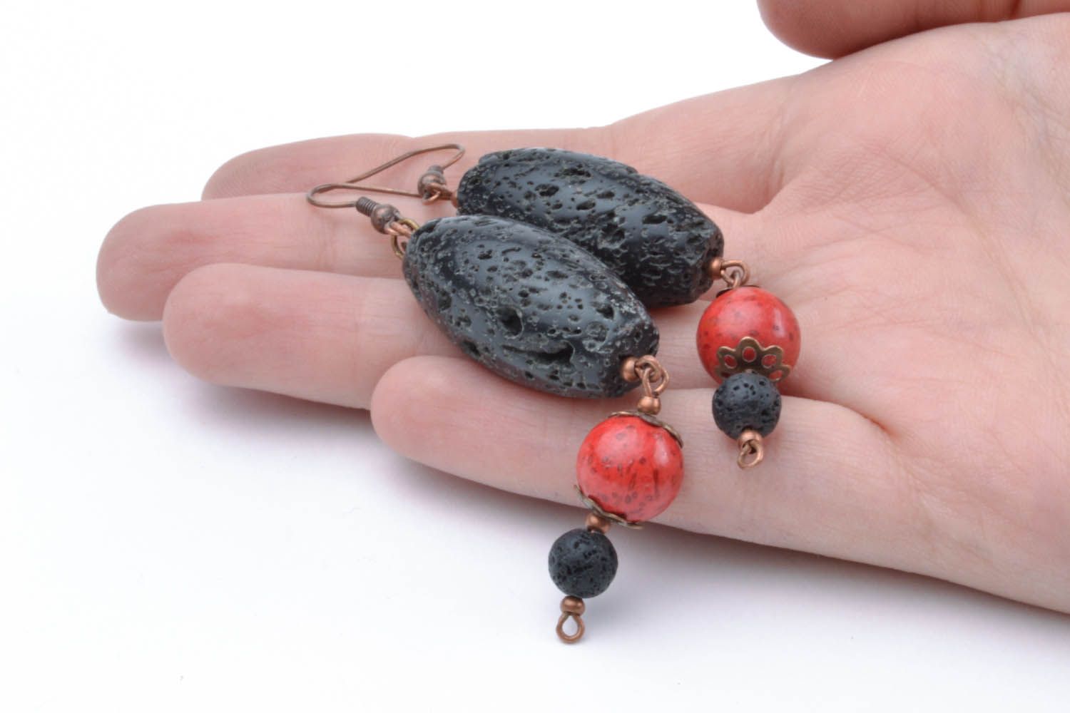 Pendant earrings with schungite and coral stones photo 1