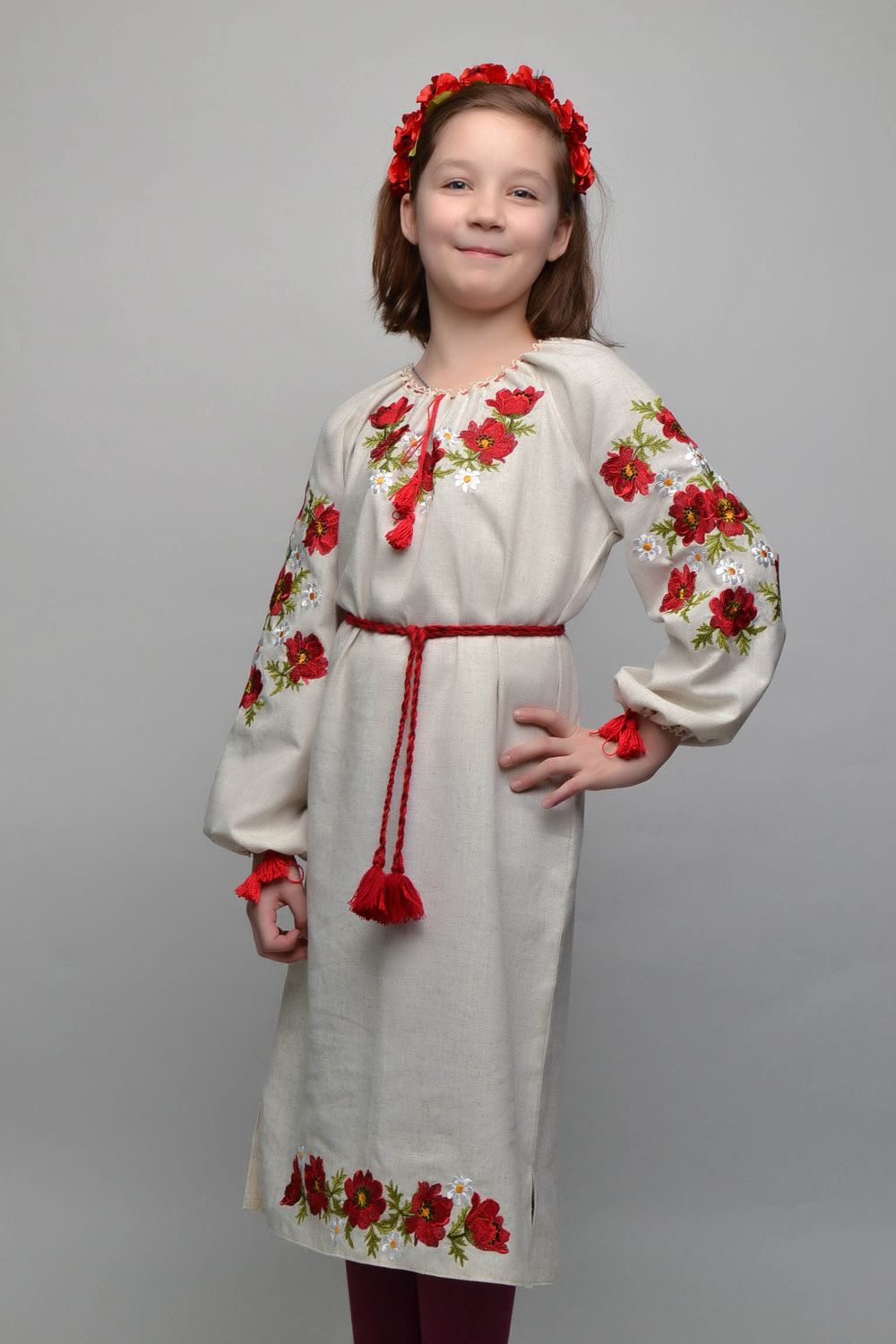 Embroidered dress with belt photo 1