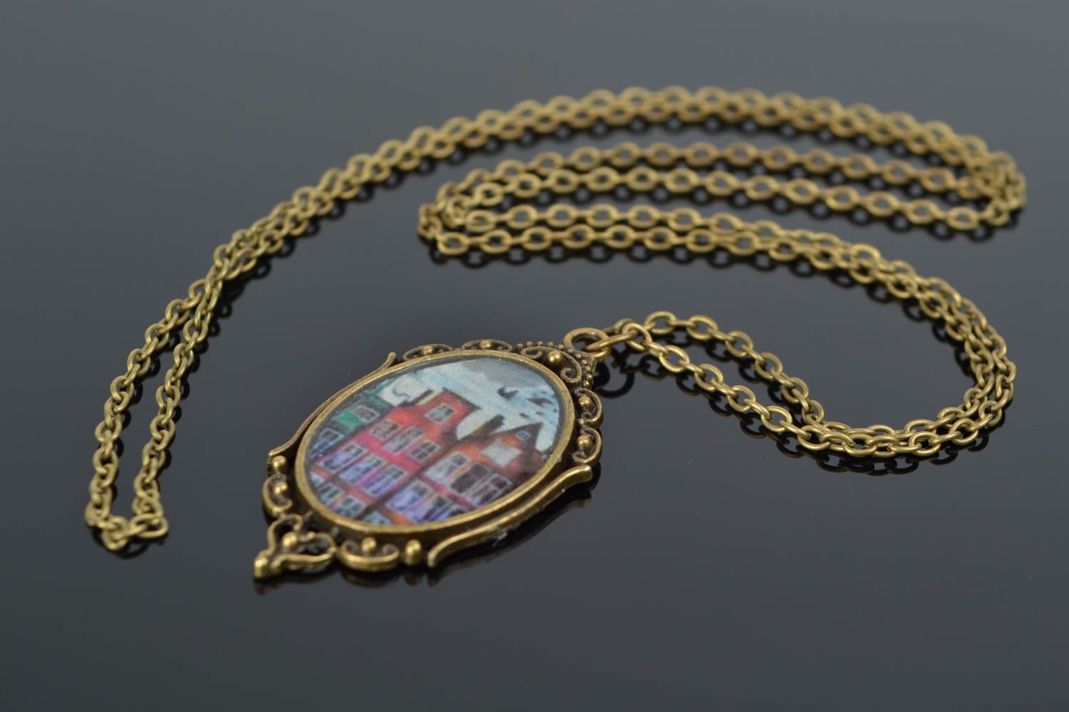Handmade decoupage vintage neck pendant with Amsterdam cityscape for women photo 1