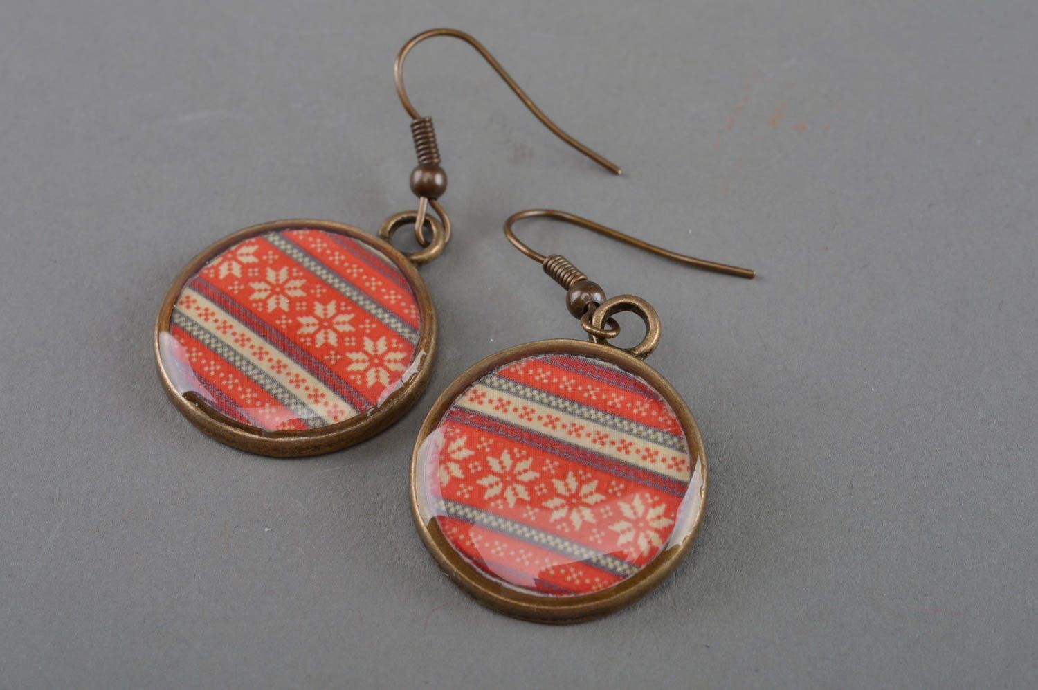 Beautiful handmade round shaped decoupage earrings with ethnic ornament photo 1