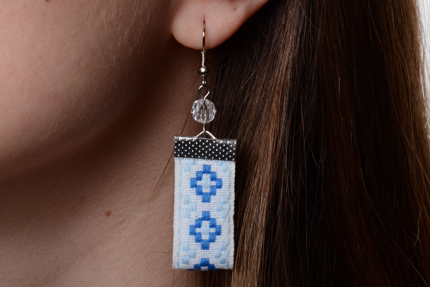 Handmade textile bright earrings with ethnic style ornament photo 5