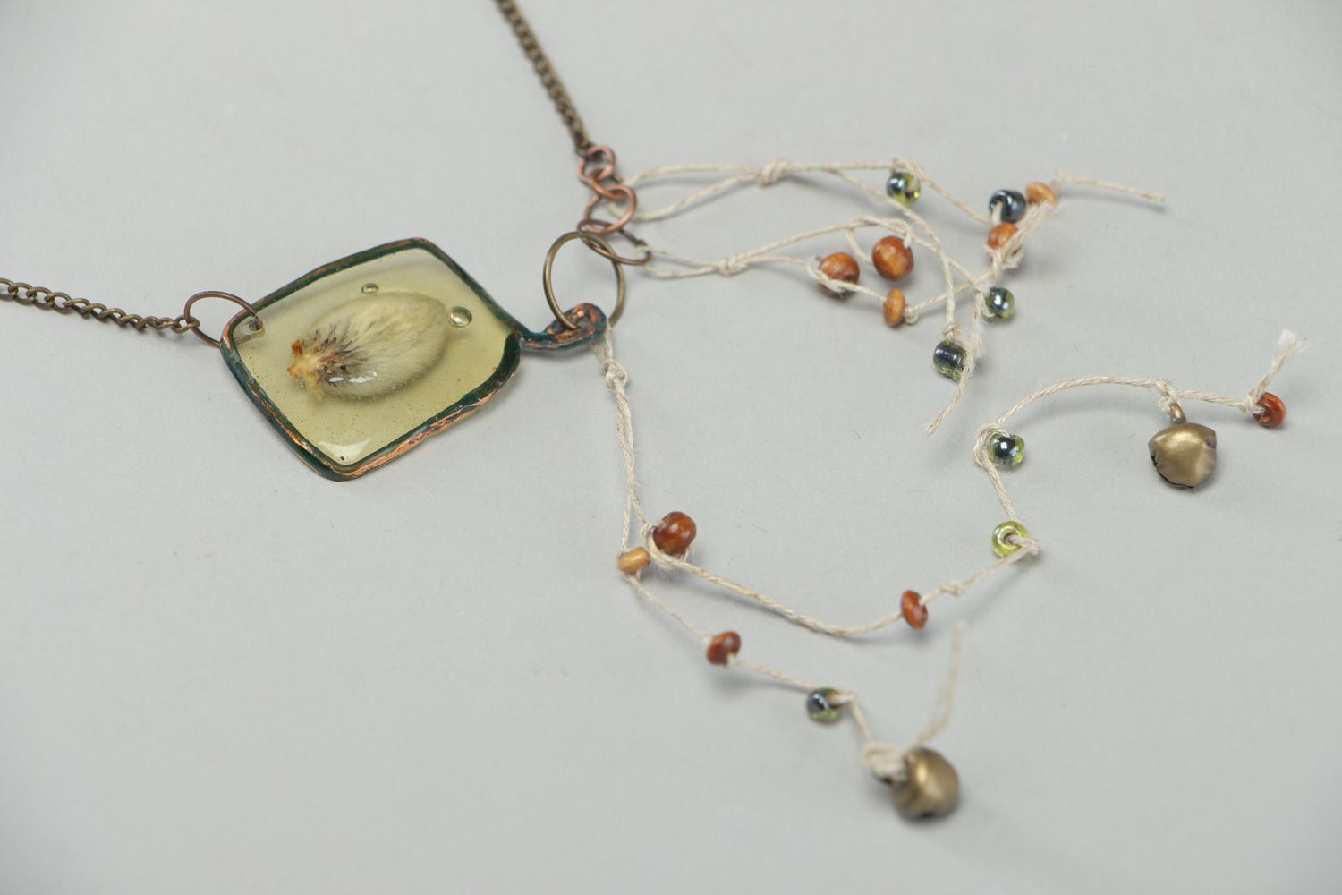 Handmade botanical pendant on long chain with real flowers coated with epoxy photo 2