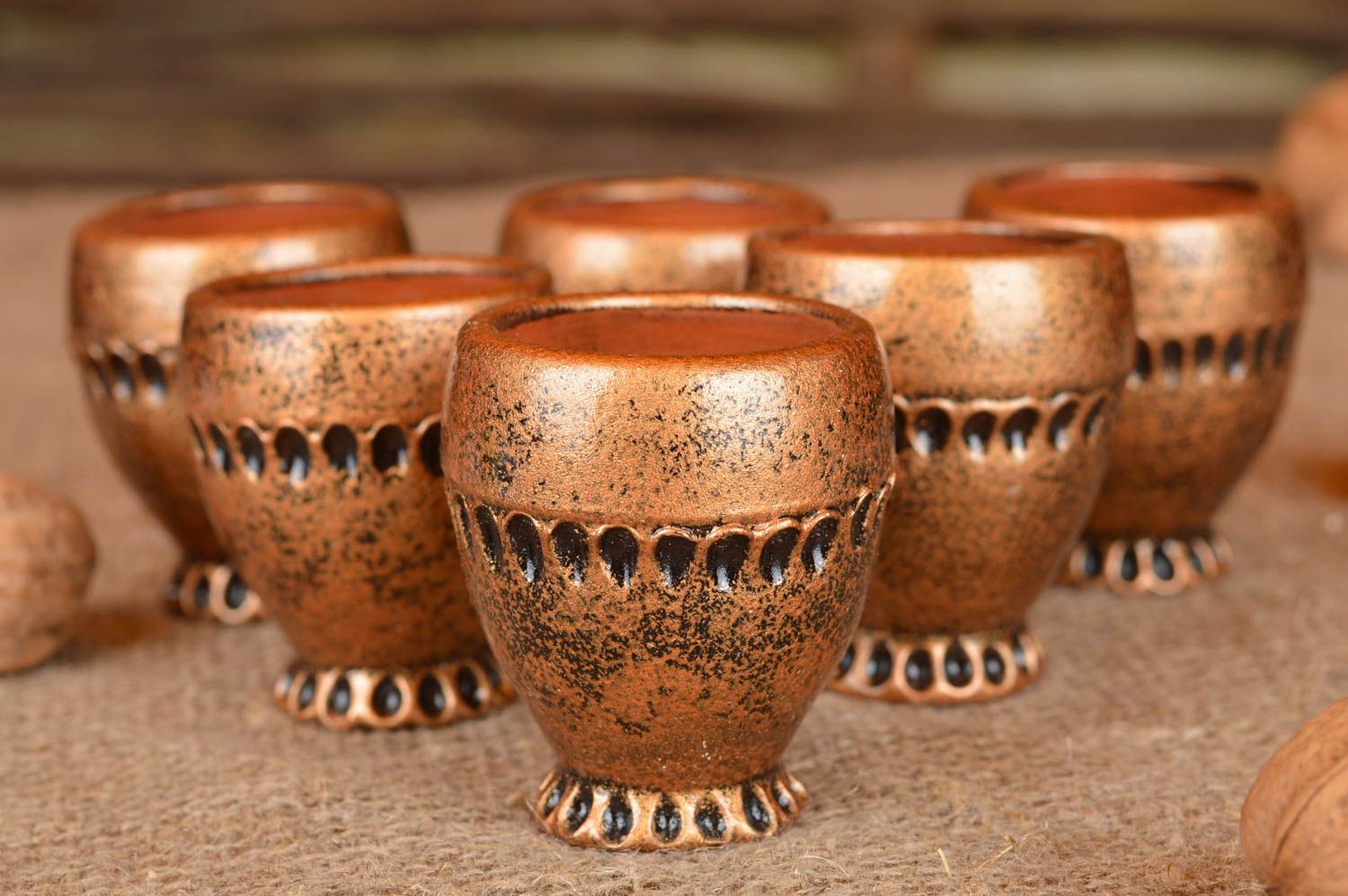 Set of 6 handmade decorative ornamented ceramic painted shot glasses bronze photo 1