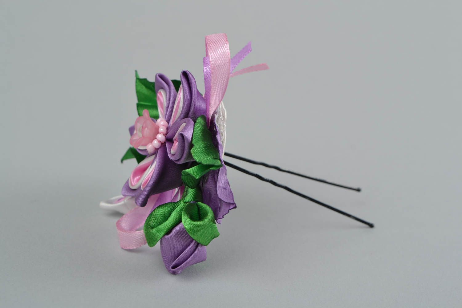 Épingle à cheveux fleur kanzashi en satin mauve faite main volumineuse photo 5