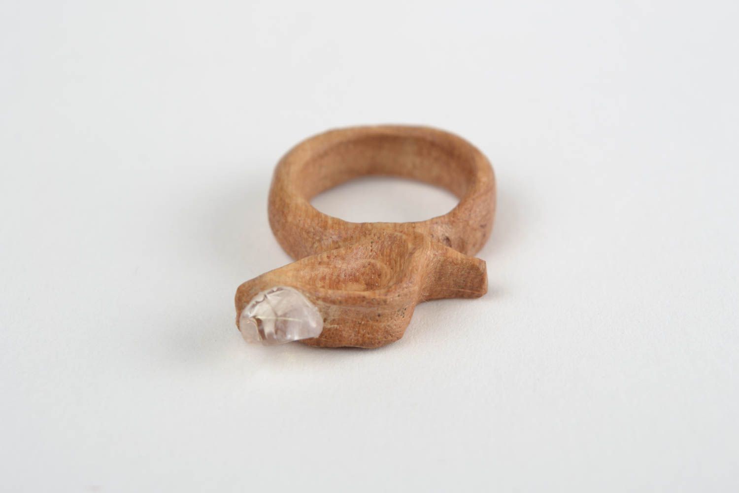 Light carved wooden handmade jewelry ring with natural crystal glass Apple photo 4