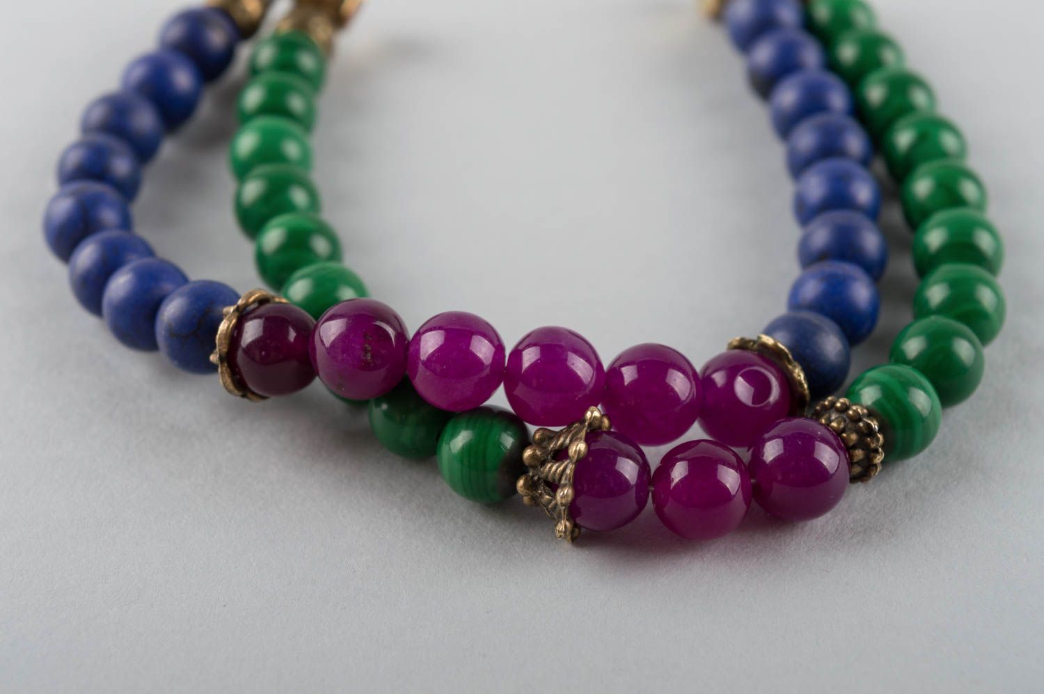 Handmade colorful bracelet made of malachite lazurite and brass in 2 rows photo 5