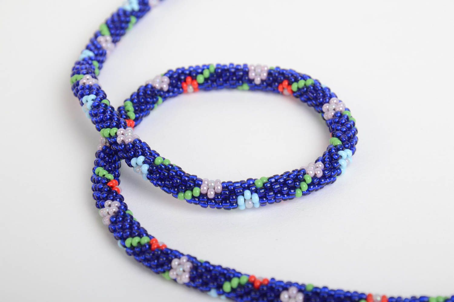 Handmade Rocailles Kette Damen Collier lange Halskette dunkelblau geblümt foto 4