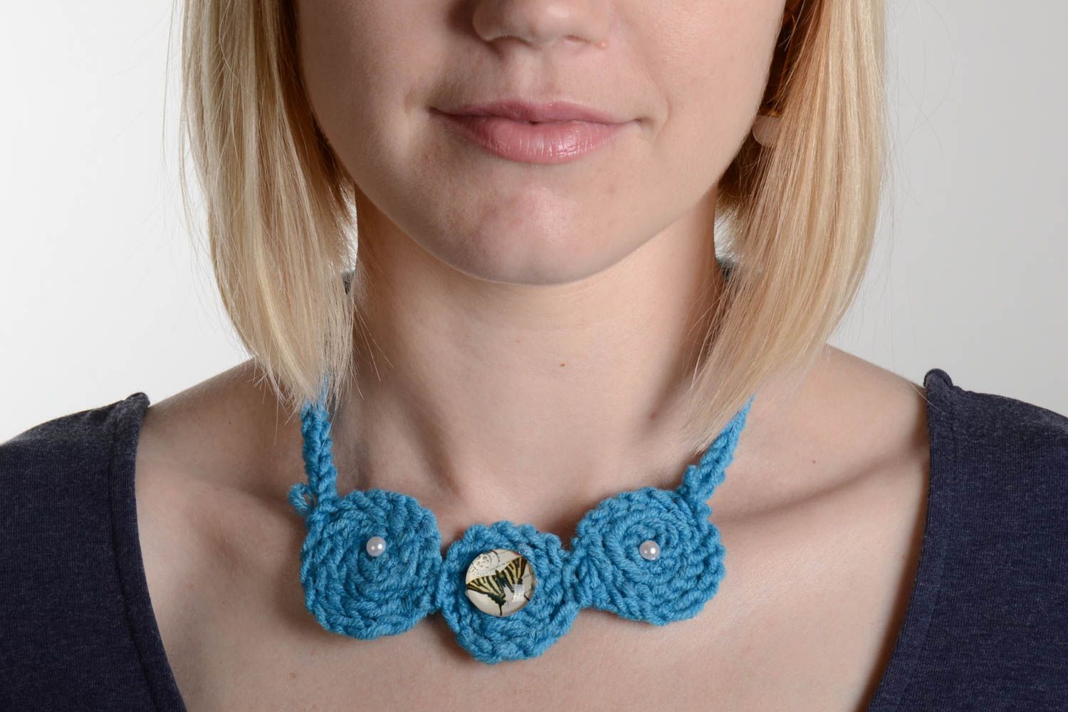 Unusual blue handmade designer crochet necklace with beads photo 2
