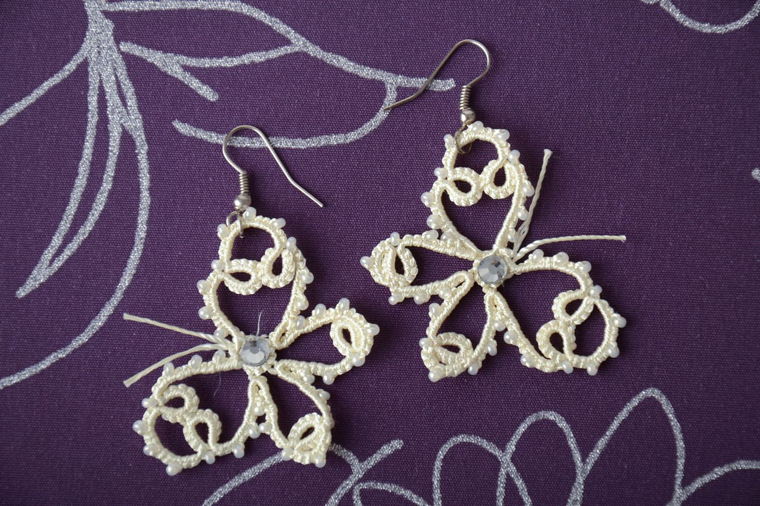 Lace earrings with beads made using tatting technique photo 1