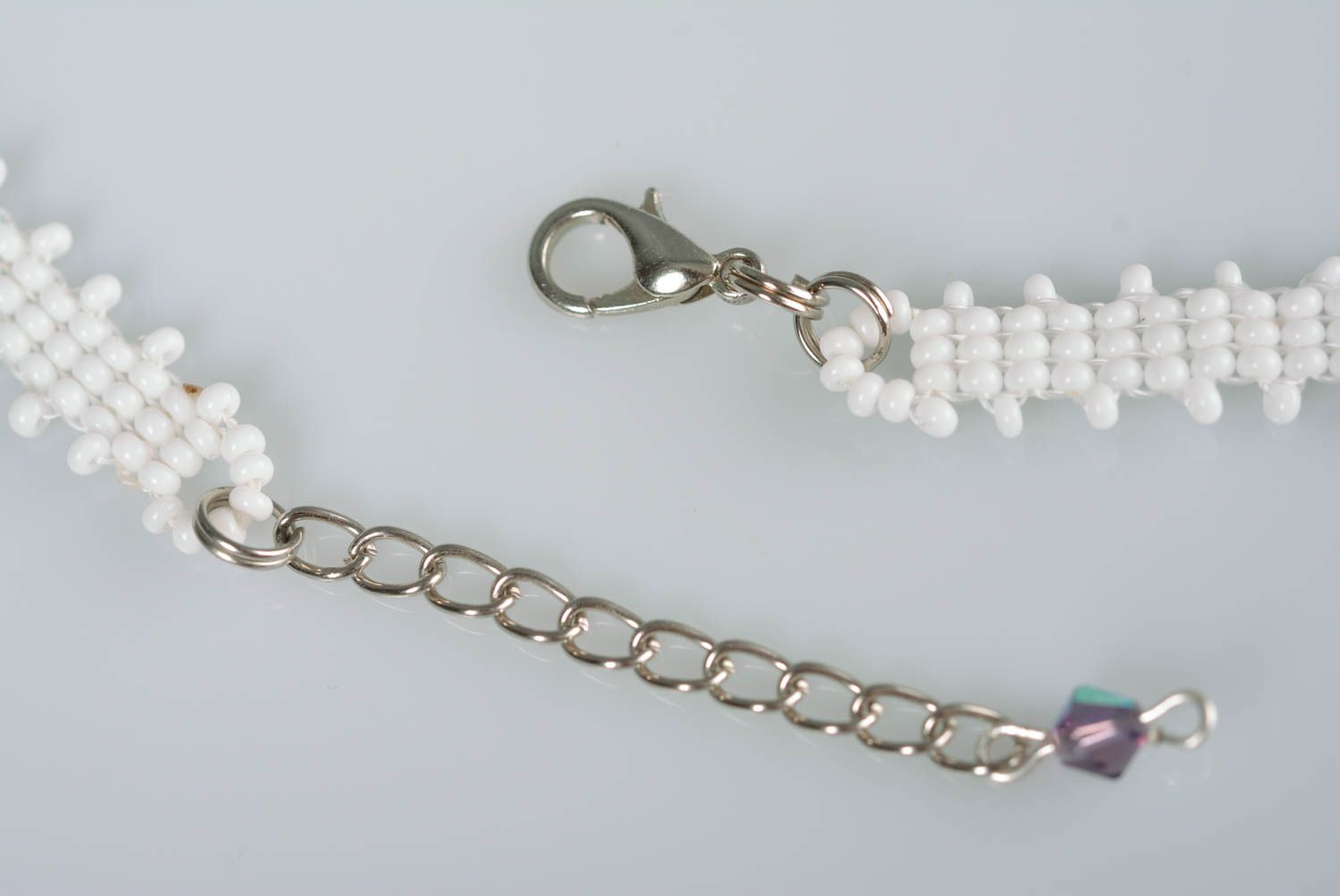 Handmade beaded necklace fringe with purple flowers on white  photo 5