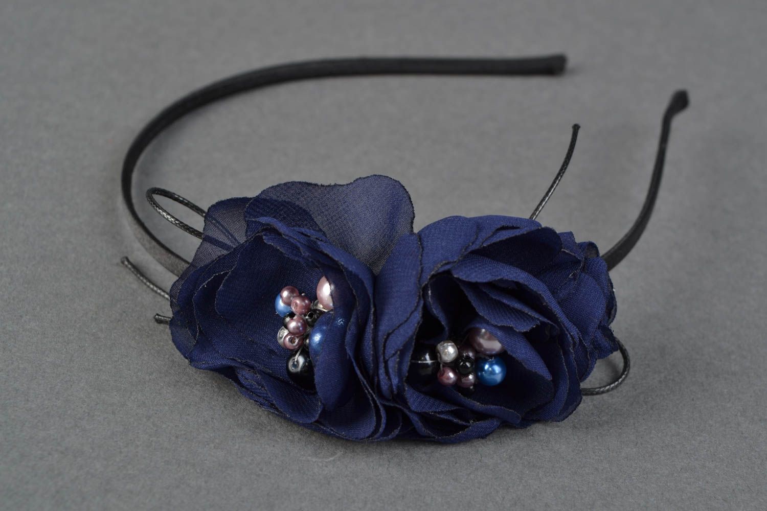 Evening narrow headband with chiffon flowers Blue photo 2