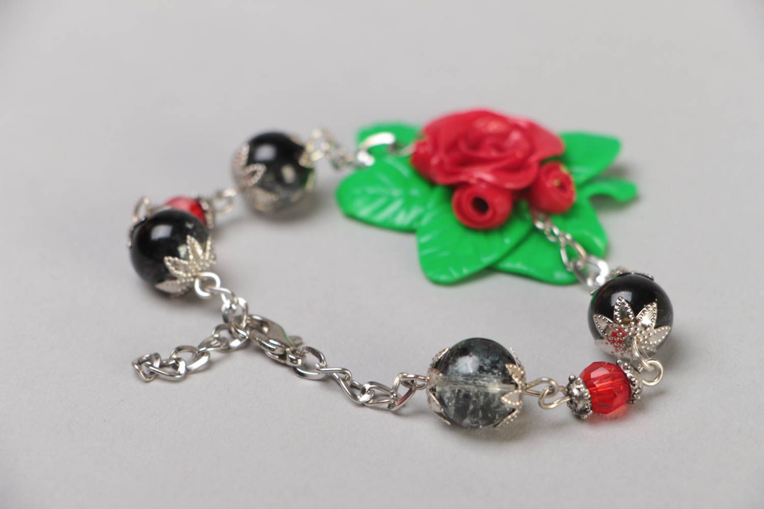 Handmade wrist bracelet on metal chain with colorful polymer clay flowers photo 5