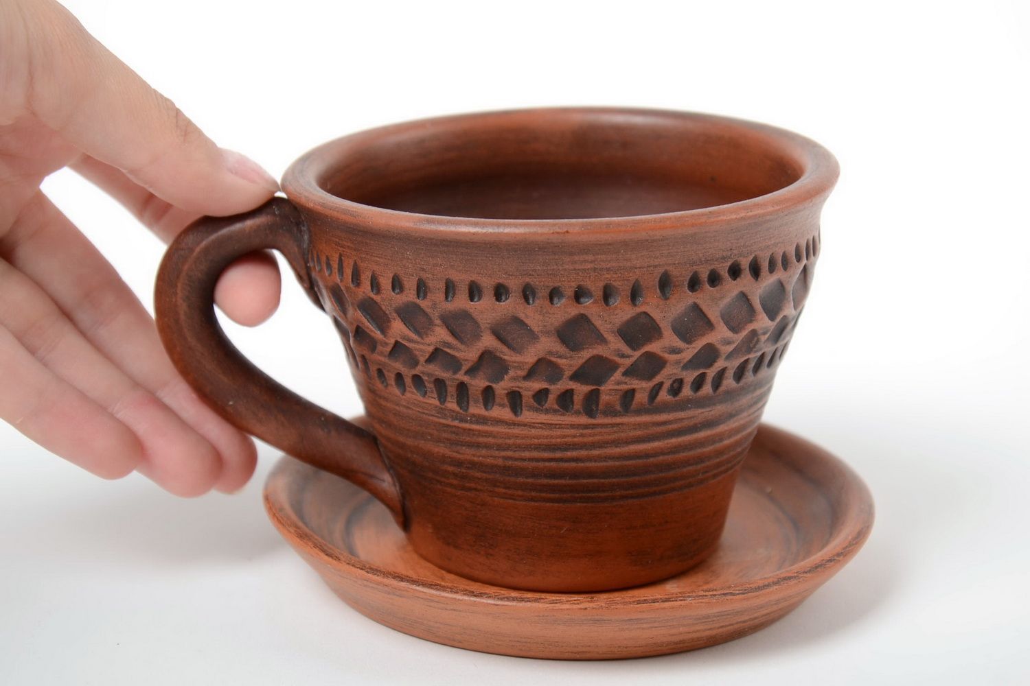 Taza cerámica 300 ml y platillo artesanales marrones bonitos para té foto 1
