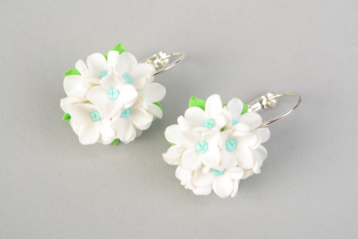 Handmade polymer clay earrings in the shape of bouquets of lilies of the valley photo 3