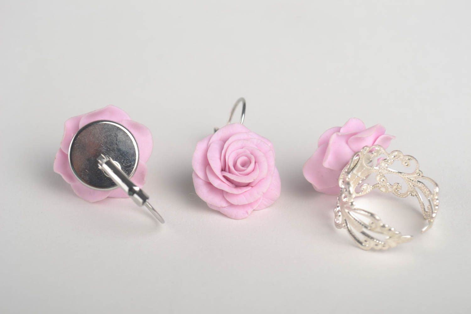 Handmade Schmuck Set Blumen Ohrringe Frauen Ring aus Porzellan rosa Rosen foto 2